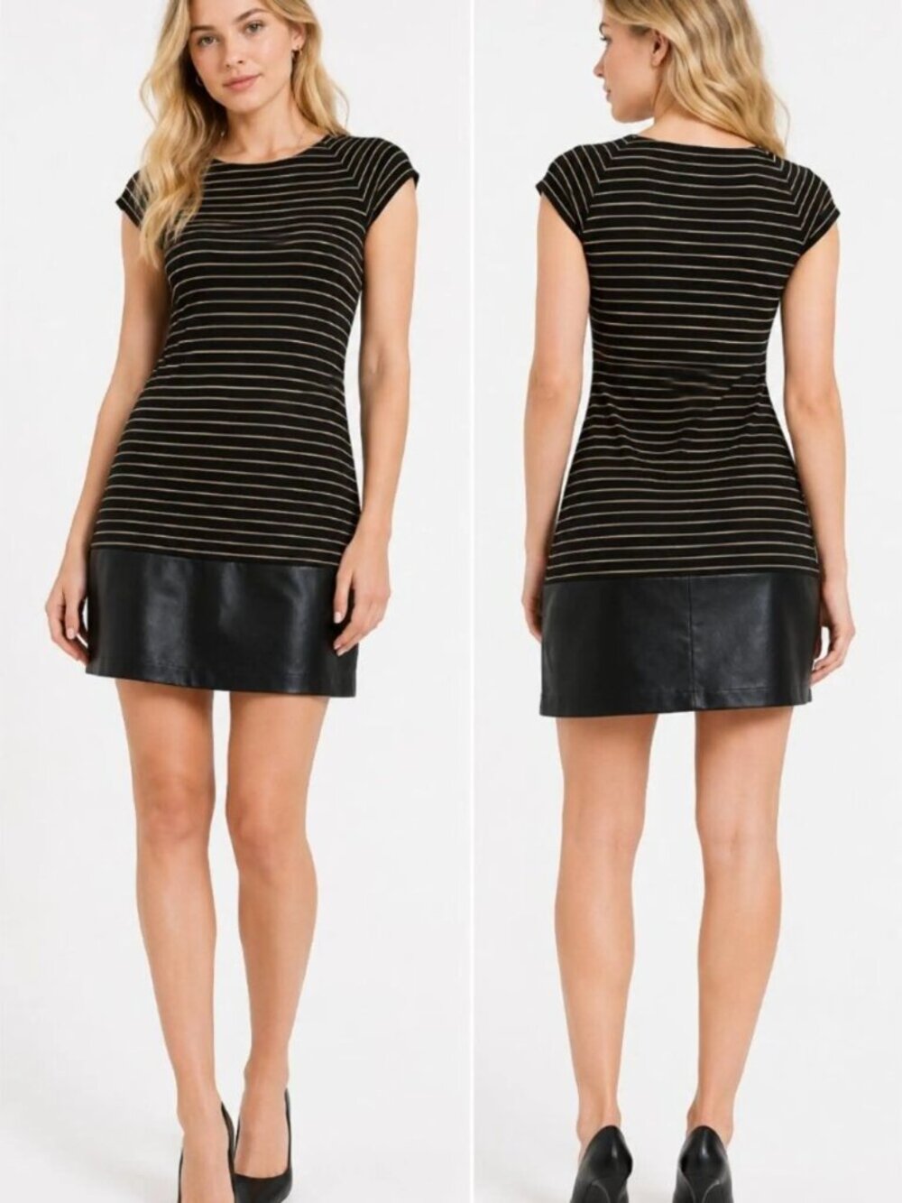 Bailey 44 Black and Tan Striped Cap-Sleeve Pleather Bottom Dress